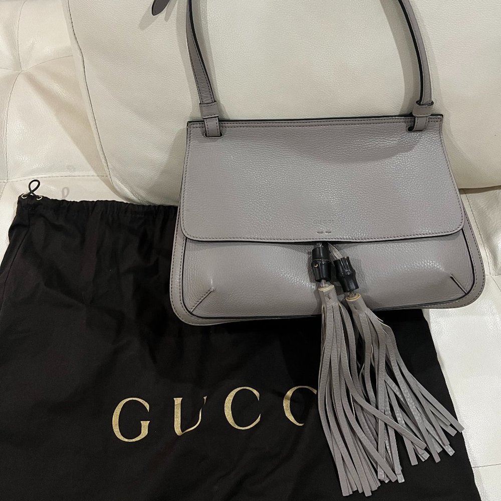 Gucci Grey Leather Bamboo Daily Tassel Shoulder Bag